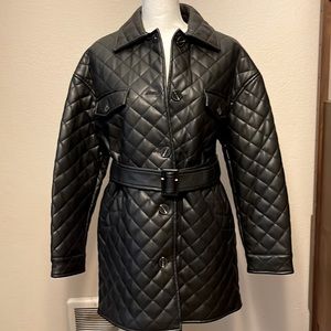 🔥Top Shop Black Quilted Vegan Leather Belted Single Breasted Trench Coat